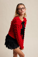 Listicle Open Front Cable Knit Cardigan with Contrasting Color Bow Tie Front in Red