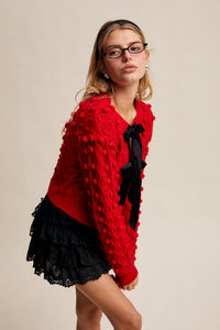 Listicle Open Front Cable Knit Cardigan with Contrasting Color Bow