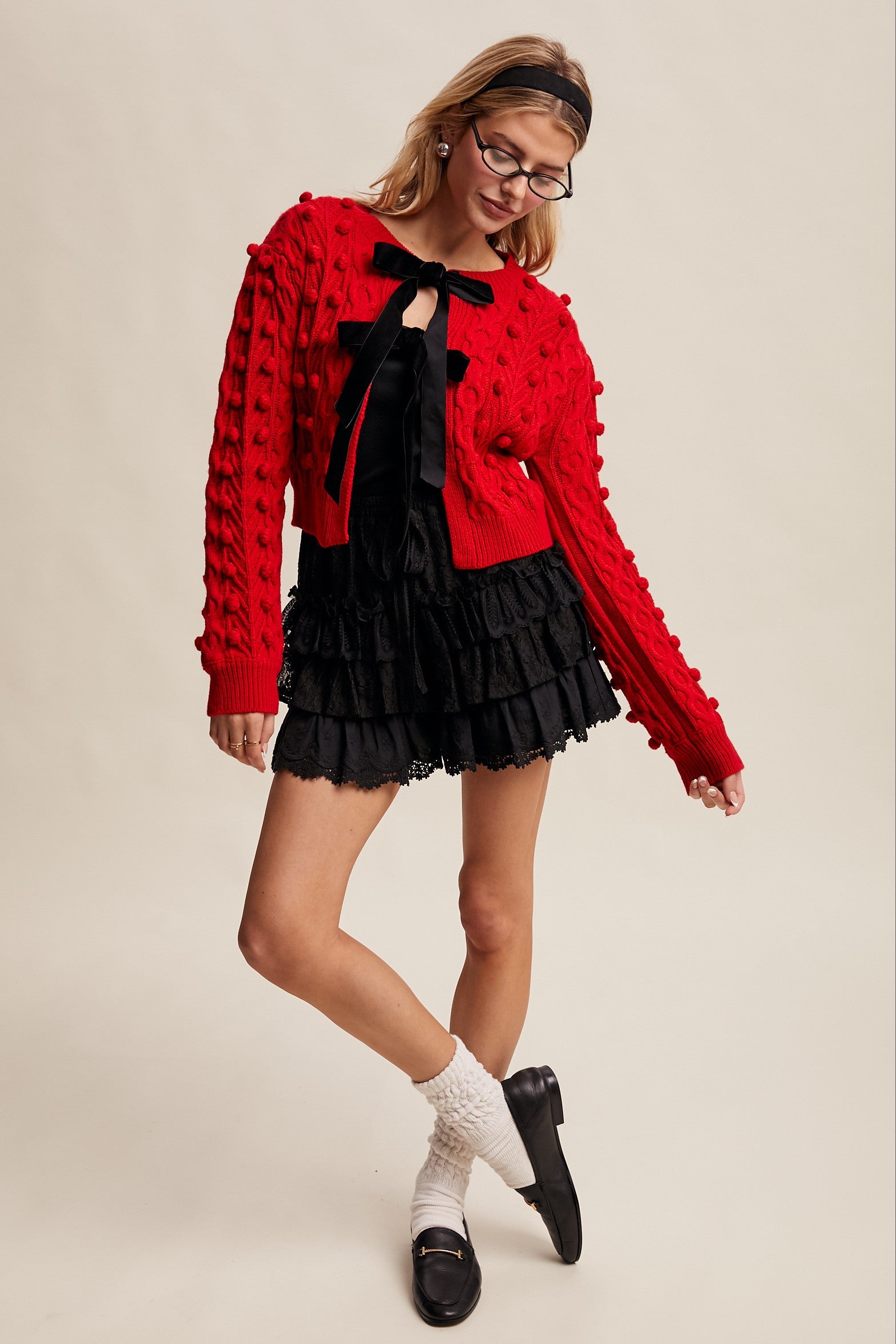 Listicle Open Front Cable Knit Cardigan with Contrasting Color Bow
