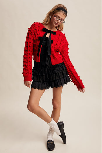 Listicle Open Front Cable Knit Cardigan with Contrasting Color Bow Tie Front in Red