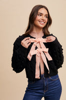 Listicle Open Front Cable Knit Cardigan with Contrasting Color Bow Tie Front in Black