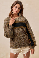 BiBi French Terry Leopard Print Top with Contrasting Color Block Stripes in Mocha/Black