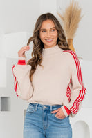 Sew in Love Knit Sweater with Contrasting Stripes in Taupe/Ruby