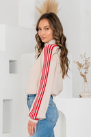 Sew in Love Knit Sweater with Contrasting Stripes in Taupe/Ruby