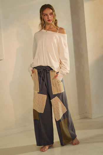 Oddi Knit Pants with Patchwork Details in Moss Charcoal