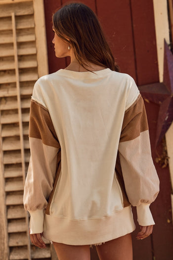 Oddi Color Block Terry Knit Sweatshirt with Contrasting Ribbed Sleeves in Ivory Multi