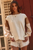 Oddi Color Block Terry Knit Sweatshirt with Contrasting Ribbed Sleeves in Ivory Multi