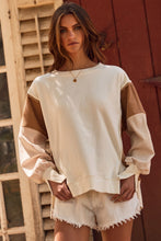 Load image into Gallery viewer, Oddi Color Block Terry Knit Sweatshirt with Contrasting Ribbed Sleeves in Ivory Multi
