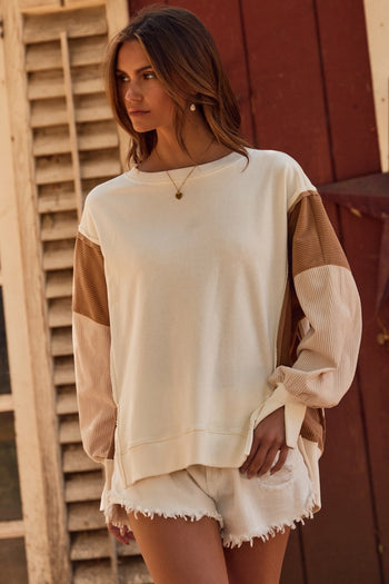 Oddi Color Block Terry Knit Sweatshirt with Contrasting Ribbed Sleeves in Ivory Multi