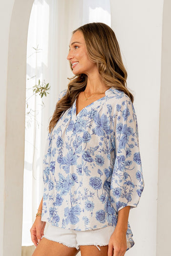 Sew in Love Floral Print Top in Off White/Denim