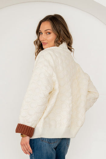 Sew in Love Quilted Puff and Cable Knit Jacket in Ivory/Brown
