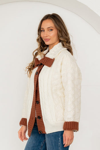 Sew in Love Quilted Puff and Cable Knit Jacket in Ivory/Brown