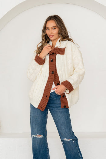 Sew in Love Quilted Puff and Cable Knit Jacket in Ivory/Brown
