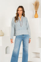 Sew in Love Lightweight Denim Top with Contrasting Stripe Deep V Neckline in Light Denim