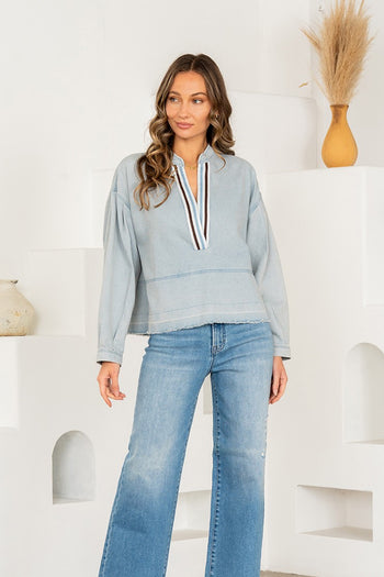 Sew in Love Lightweight Denim Top with Contrasting Stripe Deep V Neckline in Light Denim