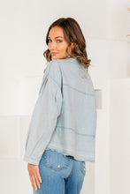 Load image into Gallery viewer, Sew in Love Lightweight Denim Top with Contrasting Stripe Deep V Neckline in Light Denim
