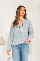 Sew in Love Lightweight Denim Top with Contrasting Stripe Deep V Neckline in Light Denim