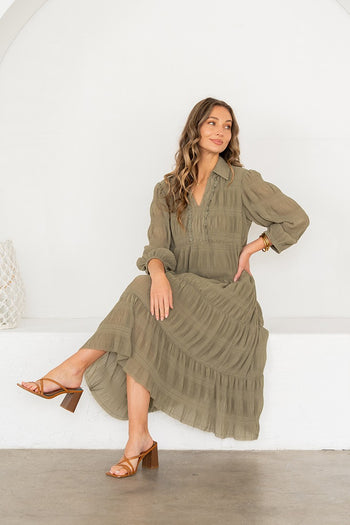 Sew in Love Crinkle Textured Midi Dress in Olive