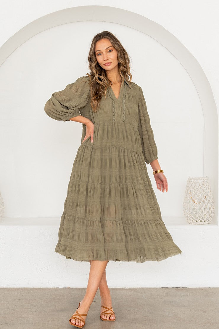 Sew in Love Crinkle Textured Midi Dress in Olive S at June Adel
