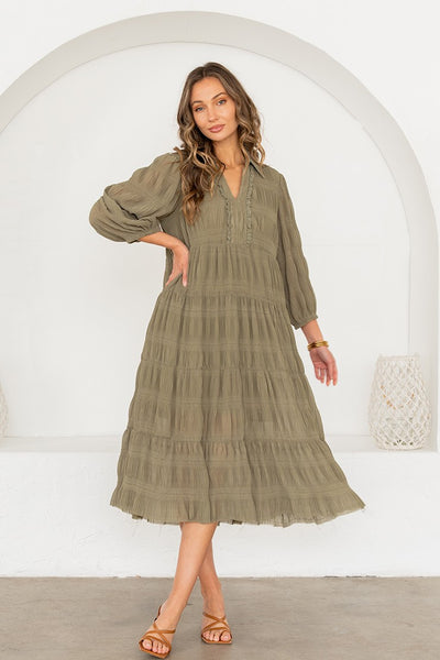midi dress crinkle premium Sew in Love Textured in Olive S 45.5” Sleeve Length Colors:Pastel Yellow VARIANTE_008-006-050 Chiffon + Lurex Maxi
