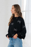 Sew in Love Terry Knit Sweatshirt with Rhinestone Bows in Black