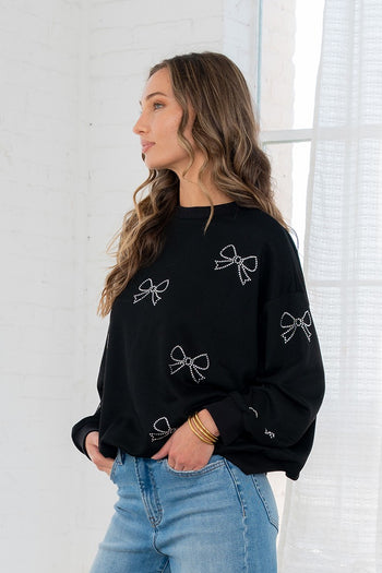 Sew in Love Terry Knit Sweatshirt with Rhinestone Bows in Black