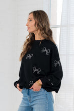 Load image into Gallery viewer, Sew in Love Terry Knit Sweatshirt with Rhinestone Bows in Black
