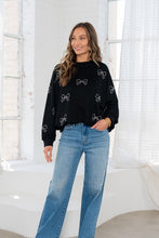 Load image into Gallery viewer, Sew in Love Terry Knit Sweatshirt with Rhinestone Bows in Black
