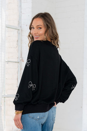 Sew in Love Terry Knit Sweatshirt with Rhinestone Bows in Black
