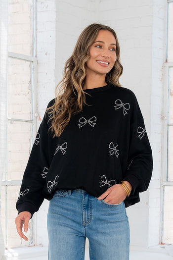 Sew in Love Terry Knit Sweatshirt with Rhinestone Bows in Black