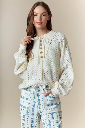 Peach Love Open Knit Henley Sweater in Ivory