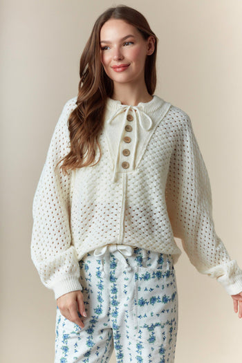 Peach Love Open Knit Henley Sweater in Ivory