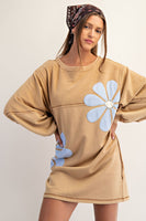 ee:some Mineral Washed Floral Applique Terry Knit Dress in Toffee Blue Breeze
