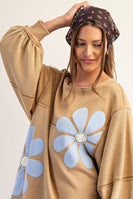 ee:some Mineral Washed Floral Applique Terry Knit Dress in Toffee Blue Breeze