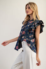 Load image into Gallery viewer, ee:some Mineral Washed Floral Print Top in Dark Denim
