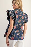 ee:some Mineral Washed Floral Print Top in Dark Denim