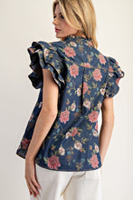 Load image into Gallery viewer, ee:some Mineral Washed Floral Print Top in Dark Denim
