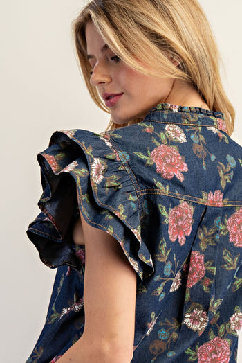 ee:some Mineral Washed Floral Print Top in Dark Denim