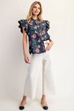 Load image into Gallery viewer, ee:some Mineral Washed Floral Print Top in Dark Denim
