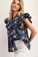ee:some Mineral Washed Floral Print Top in Dark Denim