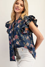 Load image into Gallery viewer, ee:some Mineral Washed Floral Print Top in Dark Denim

