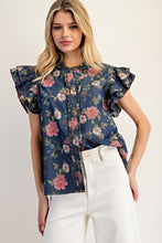 Load image into Gallery viewer, ee:some Mineral Washed Floral Print Top in Dark Denim
