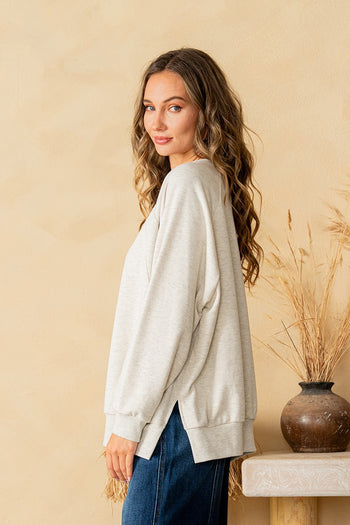 Sew in Love French Terry Knit Top with Contrasting Ribbed Panels in Oatmeal