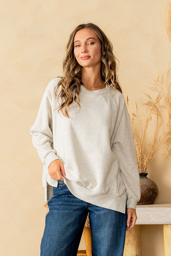 Sew in Love French Terry Knit Top with Contrasting Ribbed Panels in Oatmeal