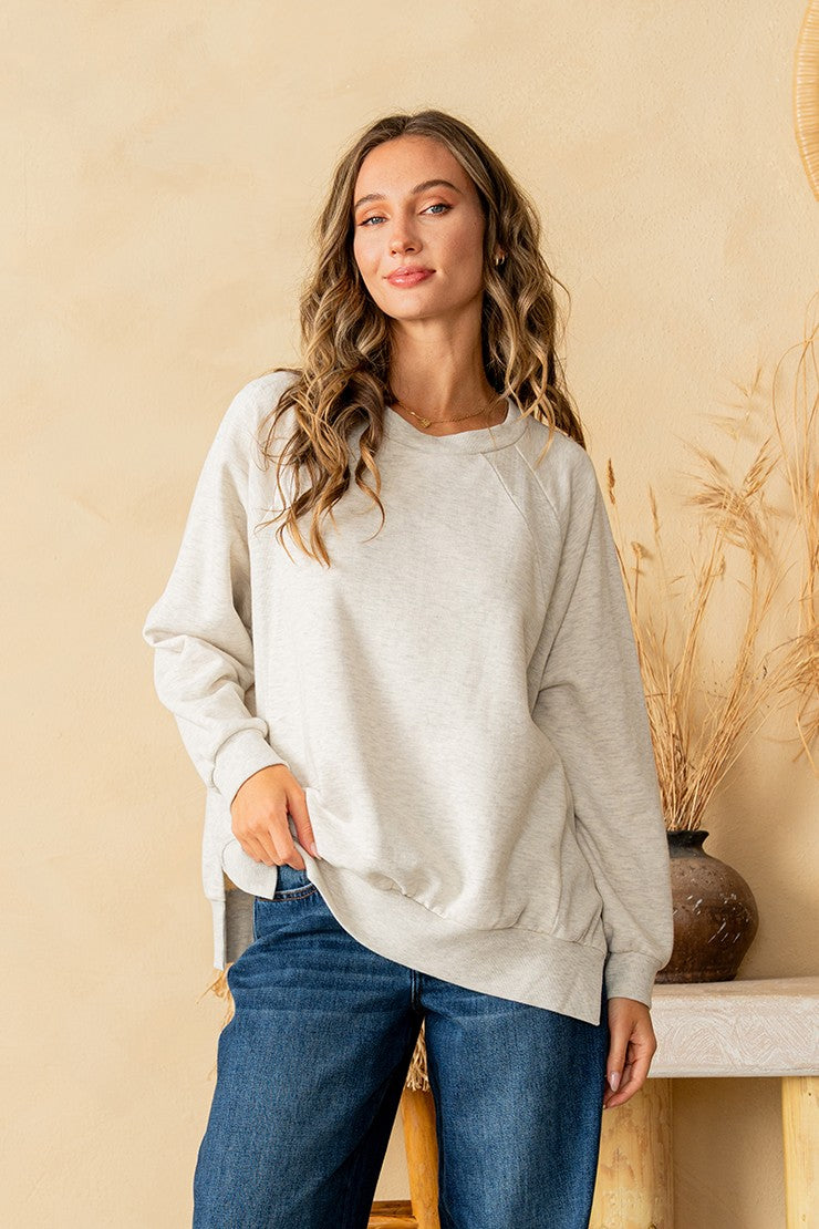 Sew in Love French Terry Knit Top with Contrasting Ribbed Panels in Oatmeal