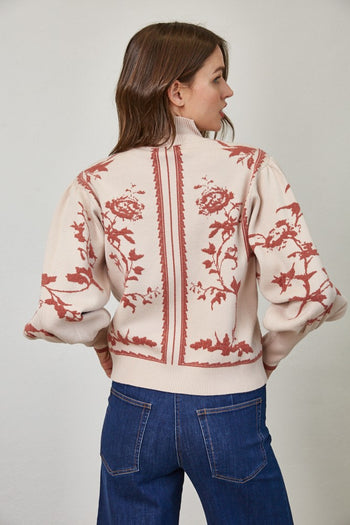 FATE Abstract and Floral Print Jacquard Knit Sweater in Mauve