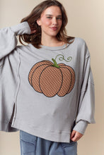 Load image into Gallery viewer, Fantastic Fawn OVERSIZED Waffle Knit Top with Plaid Pumpkin Patch Front In Heather Grey
