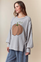 Fantastic Fawn OVERSIZED Waffle Knit Top with Plaid Pumpkin Patch Front In Heather Grey