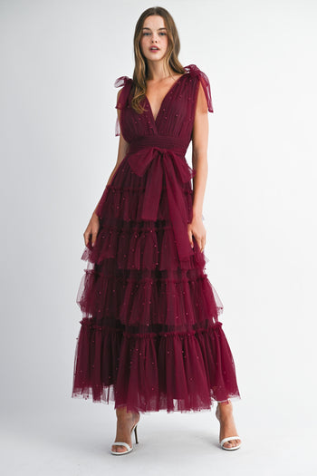MABLE Pearl Stud and Mesh Tulle Tiered Maxi Dress in Burgundy