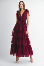 Load image into Gallery viewer, MABLE Pearl Stud and Mesh Tulle Tiered Maxi Dress in Burgundy
